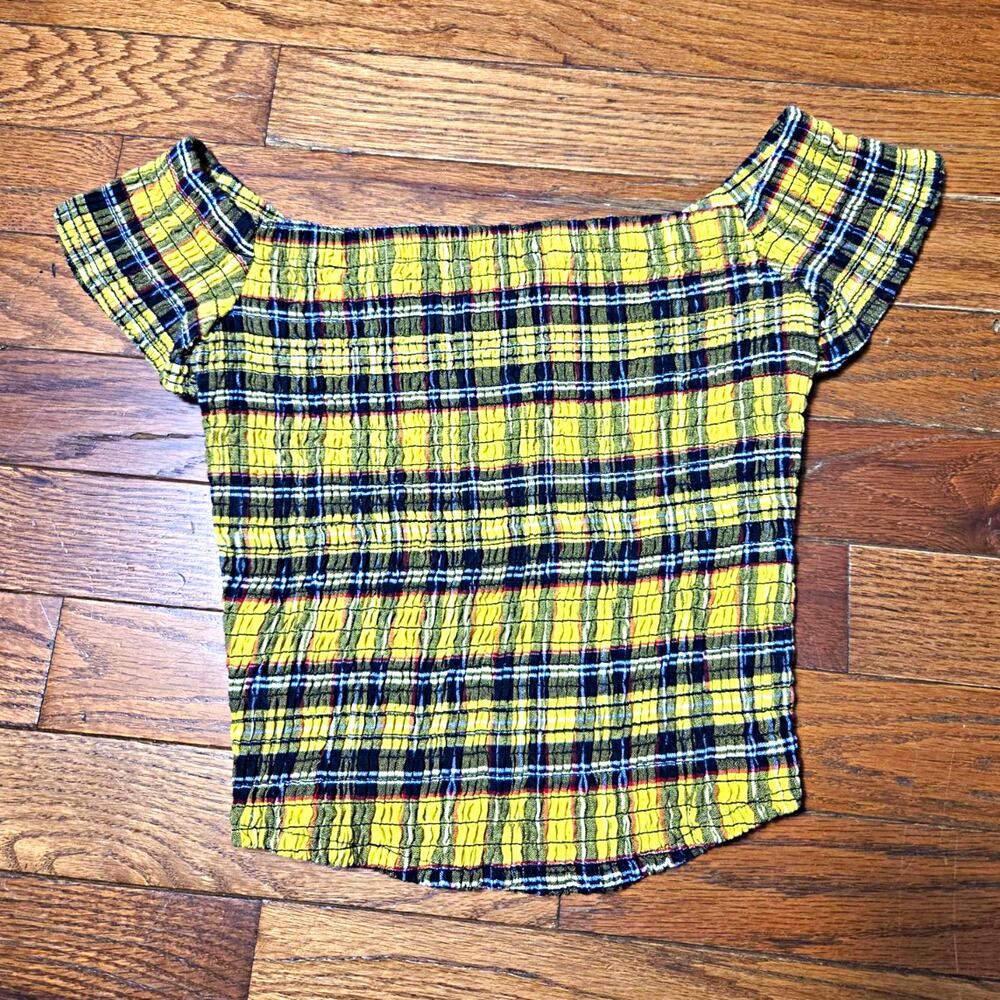 Hot Topic Womens XS Yellow Plaid Smocked Top Off Shoulder Clueless Y2K